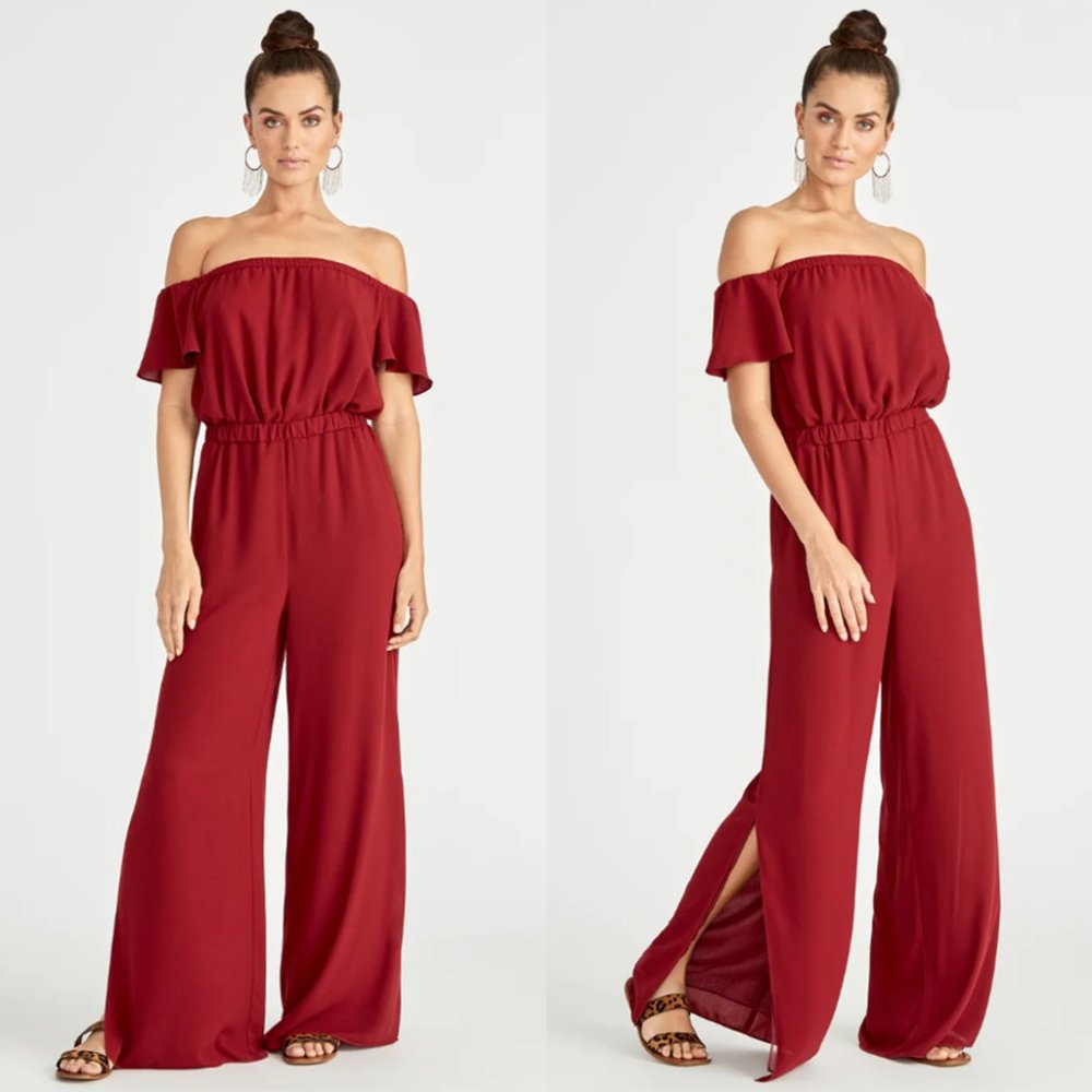 NWT Rachel Rachel Roy Novia Jumpsuit Off the Shoulder Wide Leg Black Cherry 2X